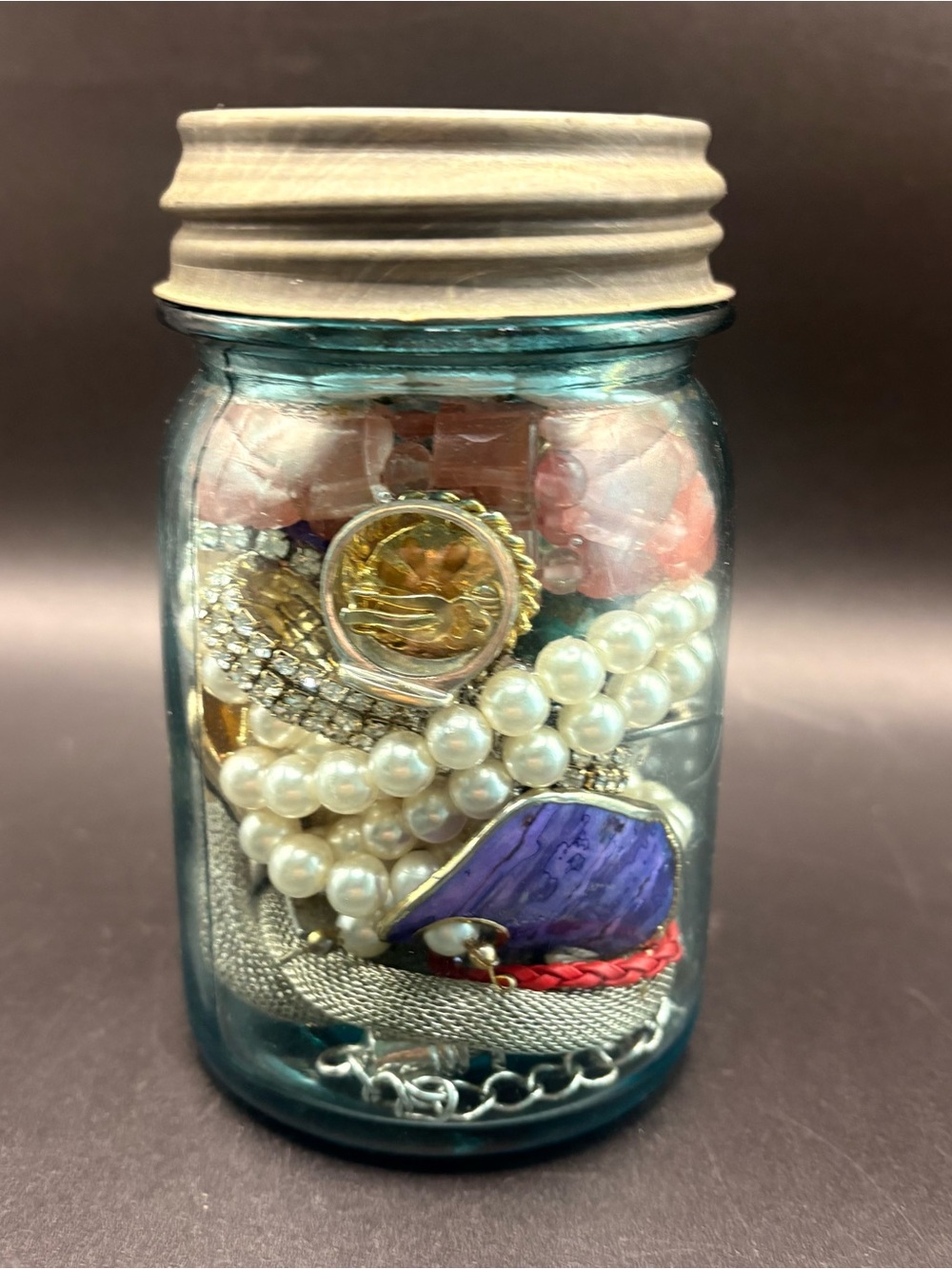 Antique Ball Perfect Mason Aqua Quart Jar Zinc Lid Milk Glass Insert w/ Jewelry